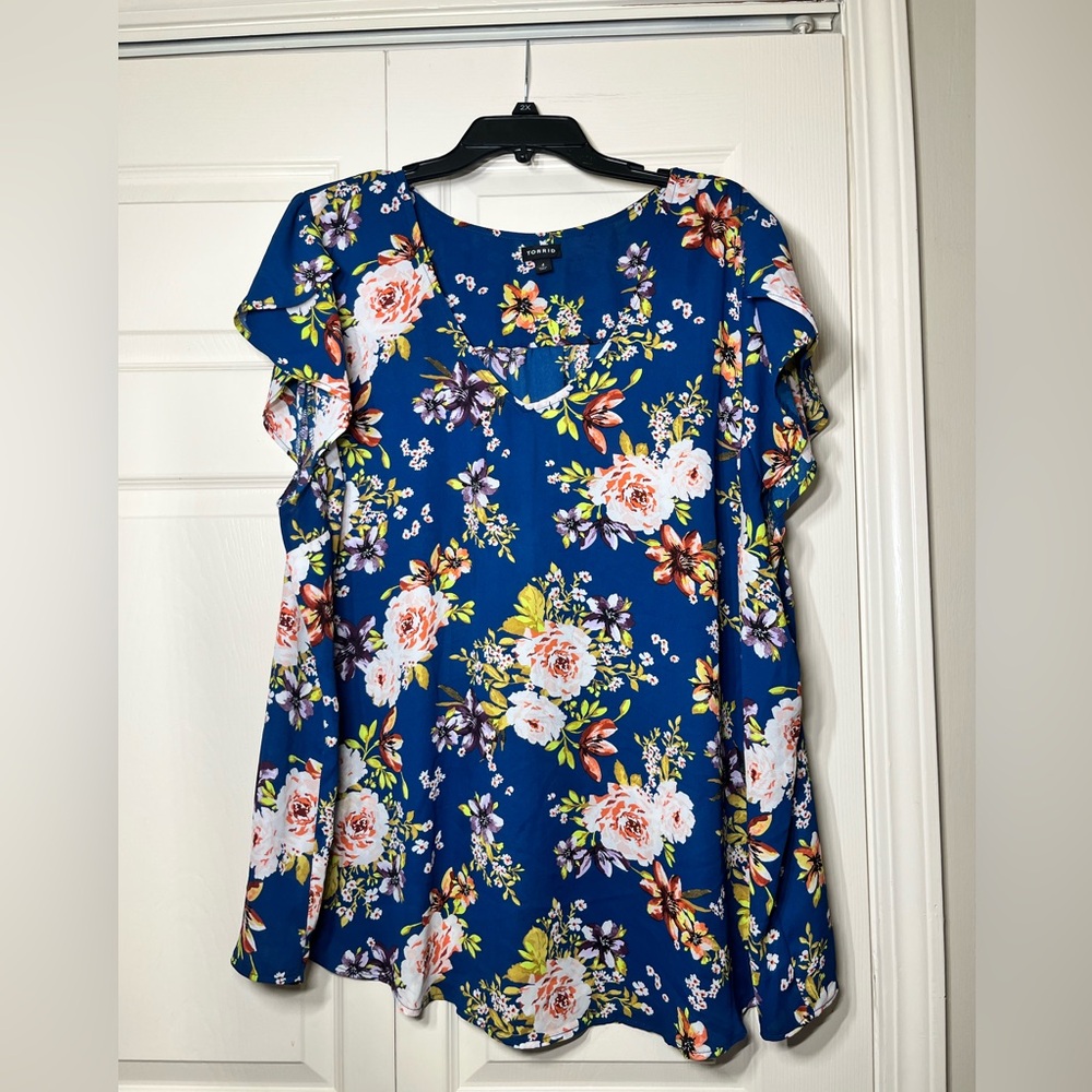 Torrid Blue Floral Blouse with Ruffle Sleeves